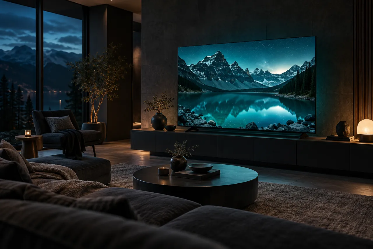 Televisão em uma sala com iluminação suave, mostrando uma paisagem.